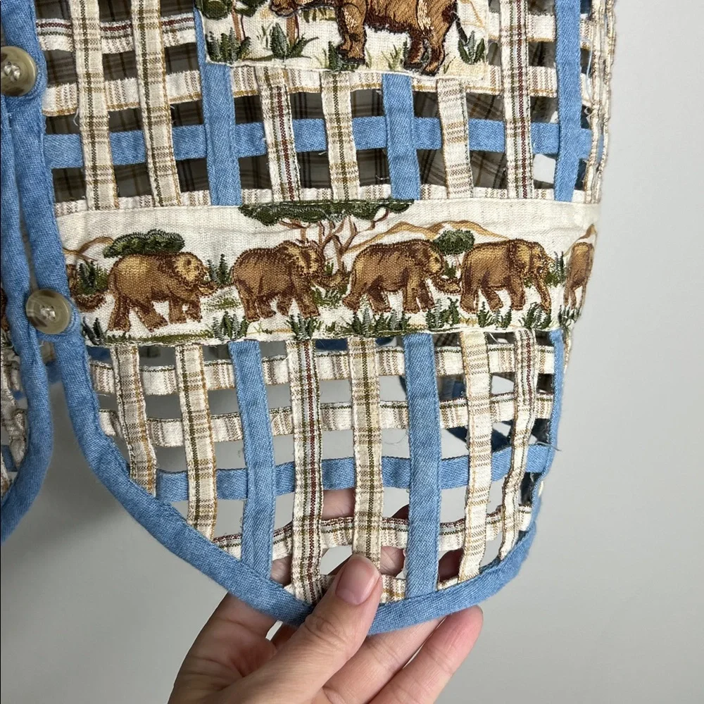 Vintage Casey & Max Patchwork Safari Animals Lattice And Plaid Cotton Linen Vest